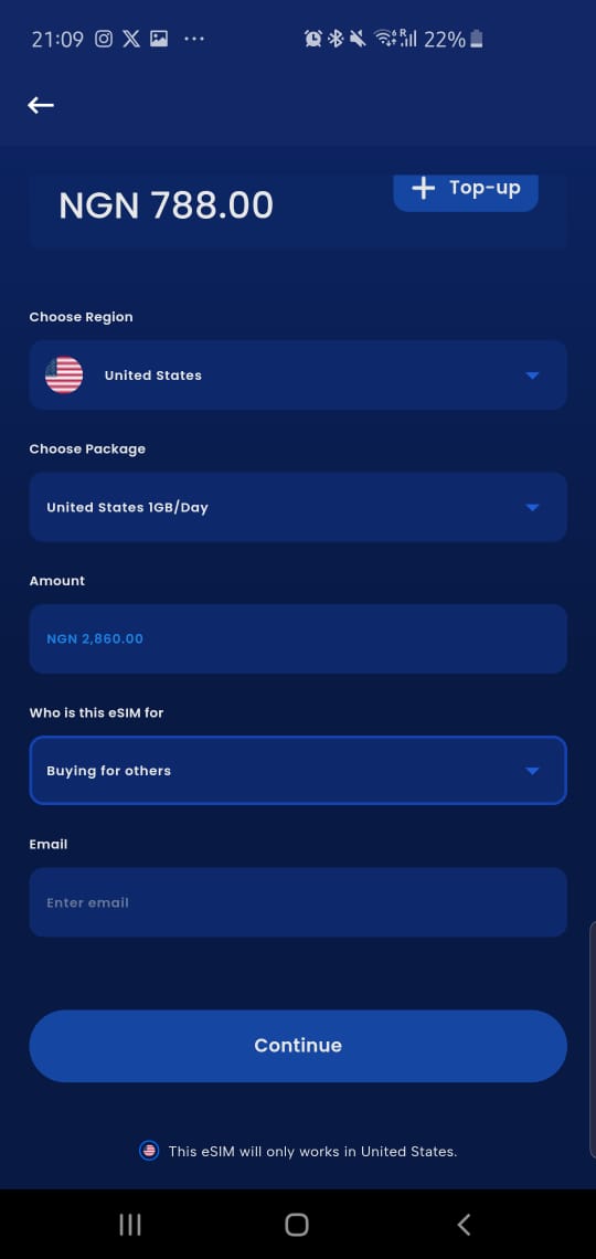 A screenshot of the form to gift an eSIM to someone else.