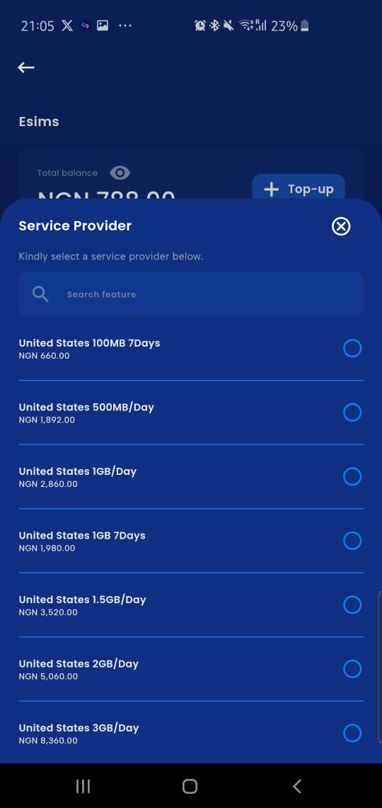 A screenshot showing the package selection screen.
