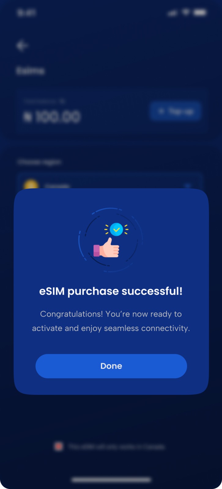 A confirmation screen showing the eSIM has been sent.
